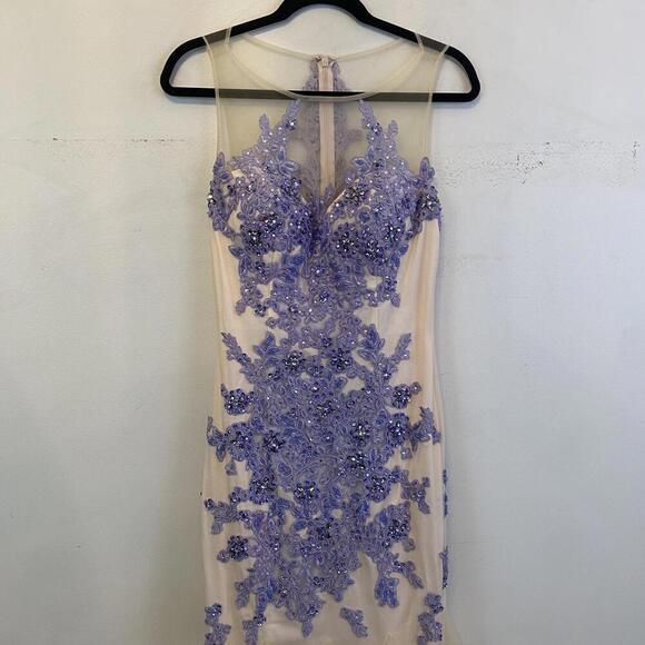 BOUBOU cream and blue hand beaded maxi tulle formal gown - Picture 3 of 7